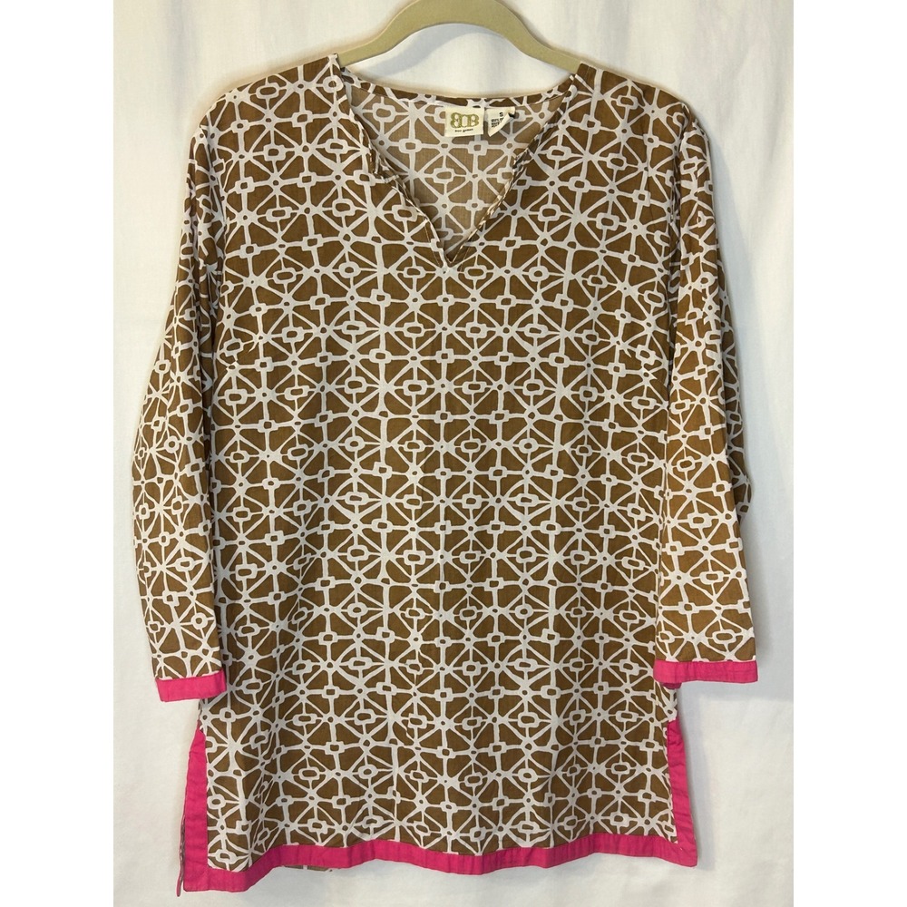 Boo Gemes‎ Tunic Top Brown Geometric Print Pink Trim Long Sleeve Size S